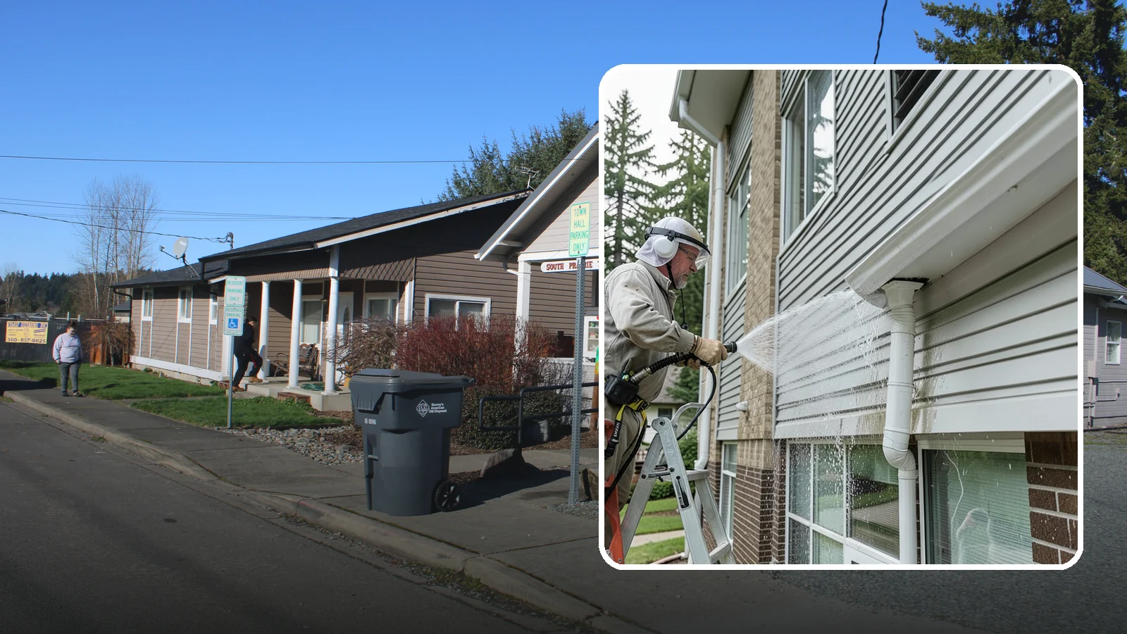 Gutter Overflow Cleanup in South Prairie, Pierce County, WA - Cleanup of the staining and debris left behind after gutters overflow during our heavy rain events.