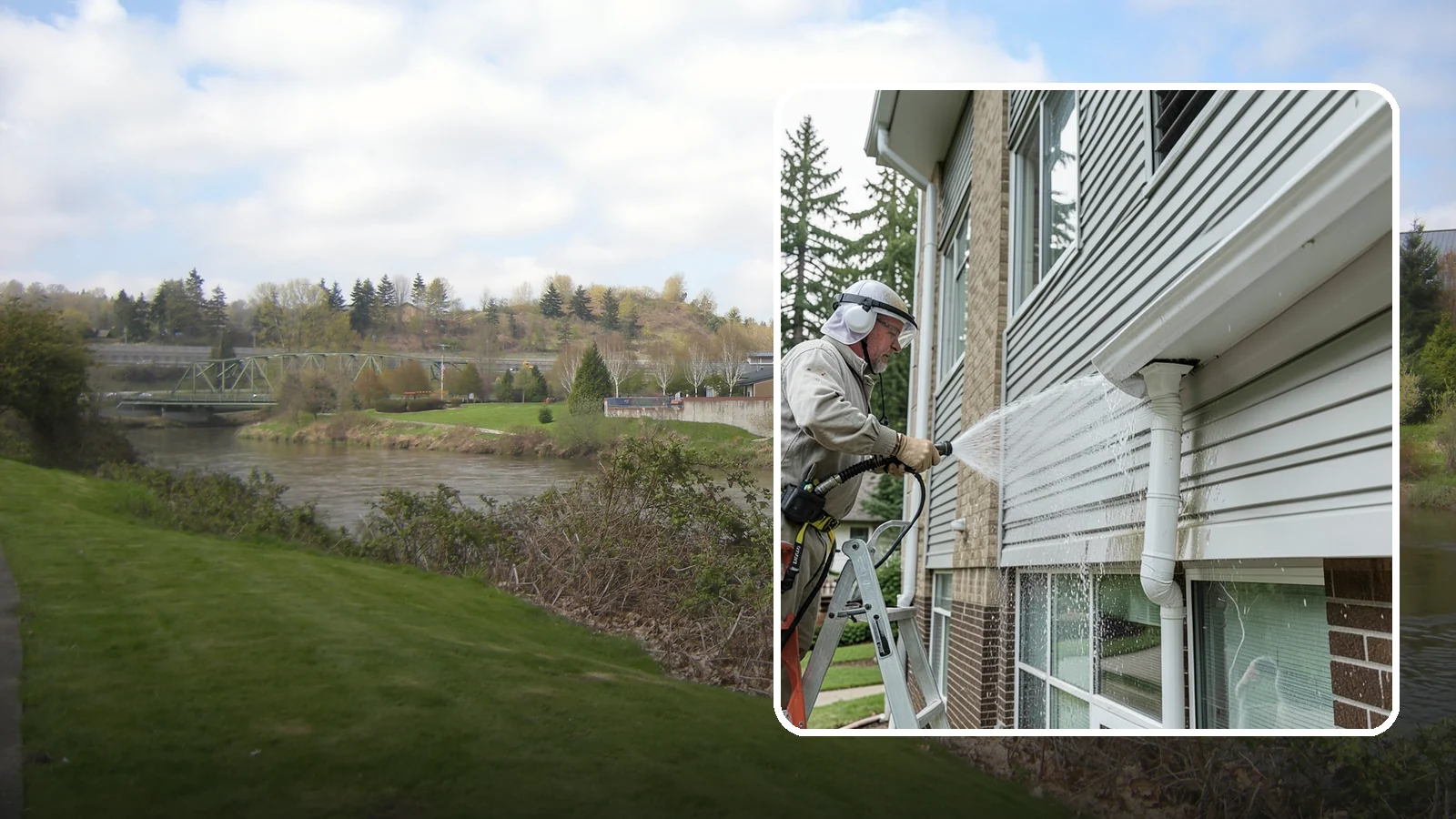 Gutter Overflow Cleanup in Tukwila, King County, WA - Cleanup of the staining and debris left behind after gutters overflow during our heavy rain events.