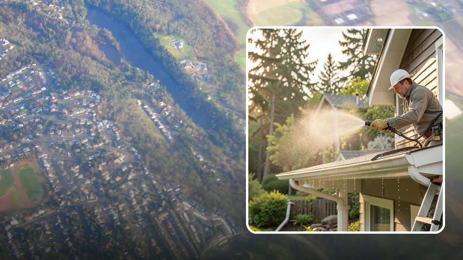 Gutter Streak Removal in Algona, King County, WA - Removal of the dark tiger stripes that streak down gutter faces from years of Northwest rain runoff.
