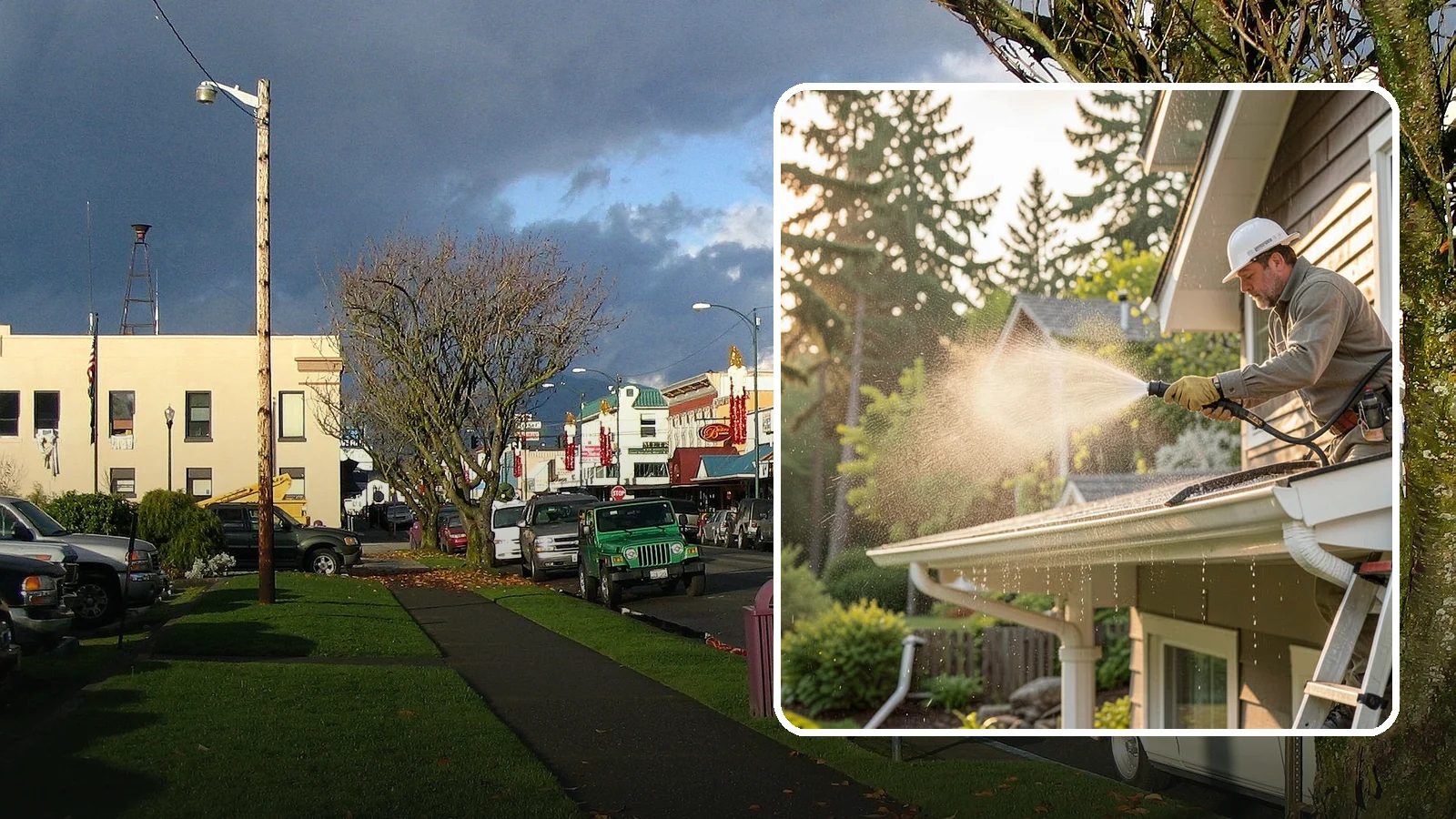 Gutter Streak Removal in Arlington, Snohomish County, WA - Removal of the dark tiger stripes that streak down gutter faces from years of Northwest rain runoff.