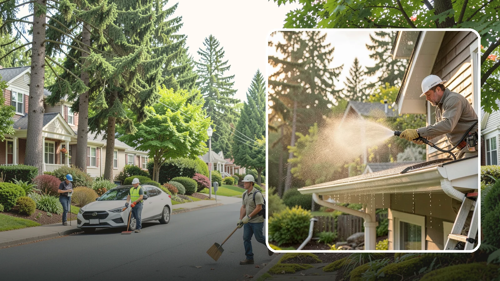Gutter Streak Removal in Beaux Arts Village, King County, WA - Removal of the dark tiger stripes that streak down gutter faces from years of Northwest rain runoff.