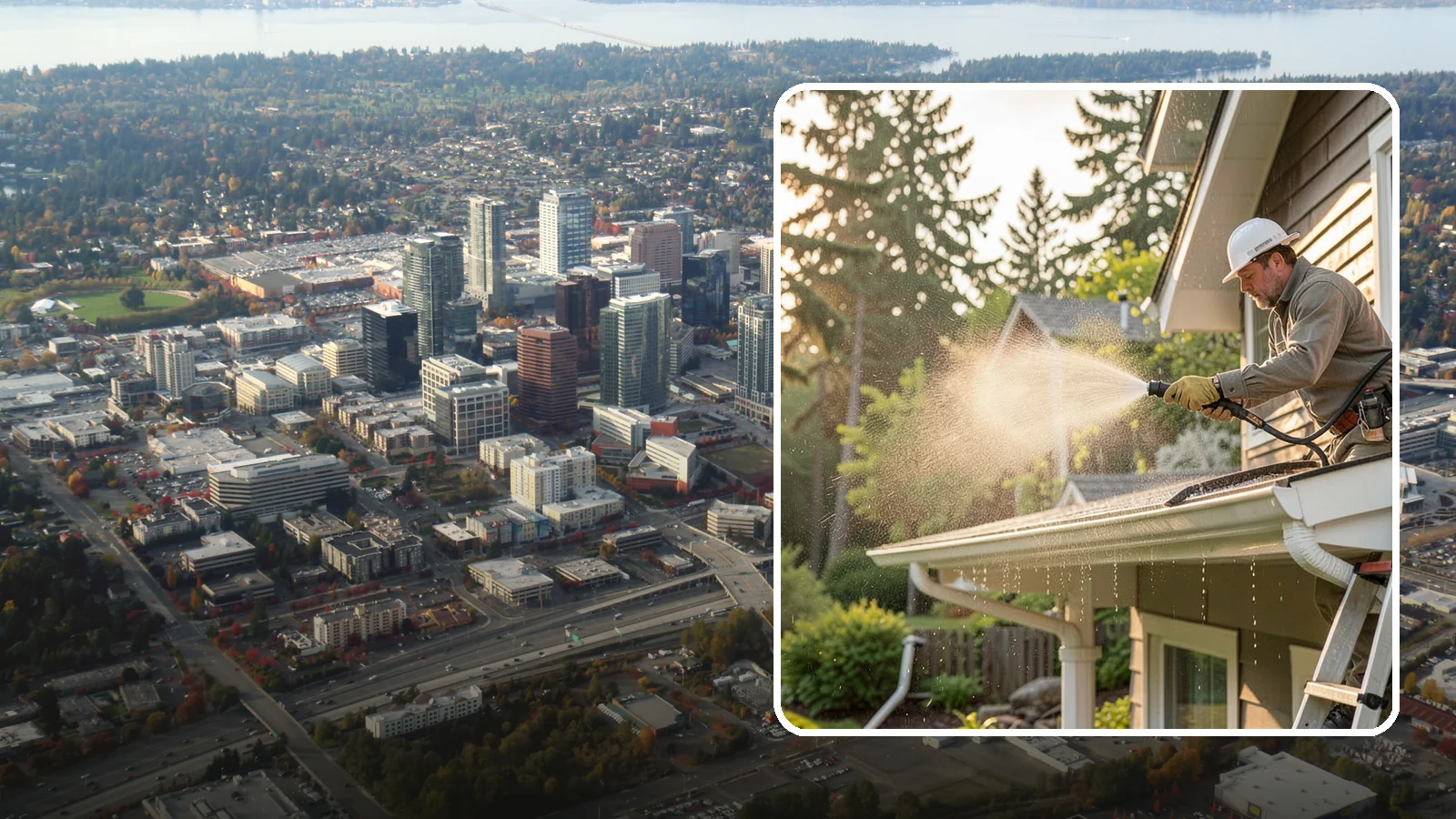 Gutter Streak Removal in Bellevue, King County, WA - Removal of the dark tiger stripes that streak down gutter faces from years of Northwest rain runoff.