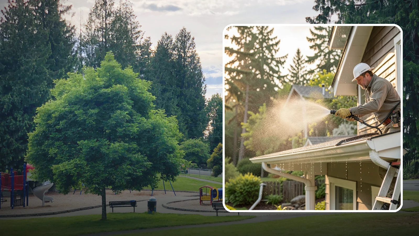 Gutter Streak Removal in Bonney Lake, Pierce County, WA - Removal of the dark tiger stripes that streak down gutter faces from years of Northwest rain runoff.
