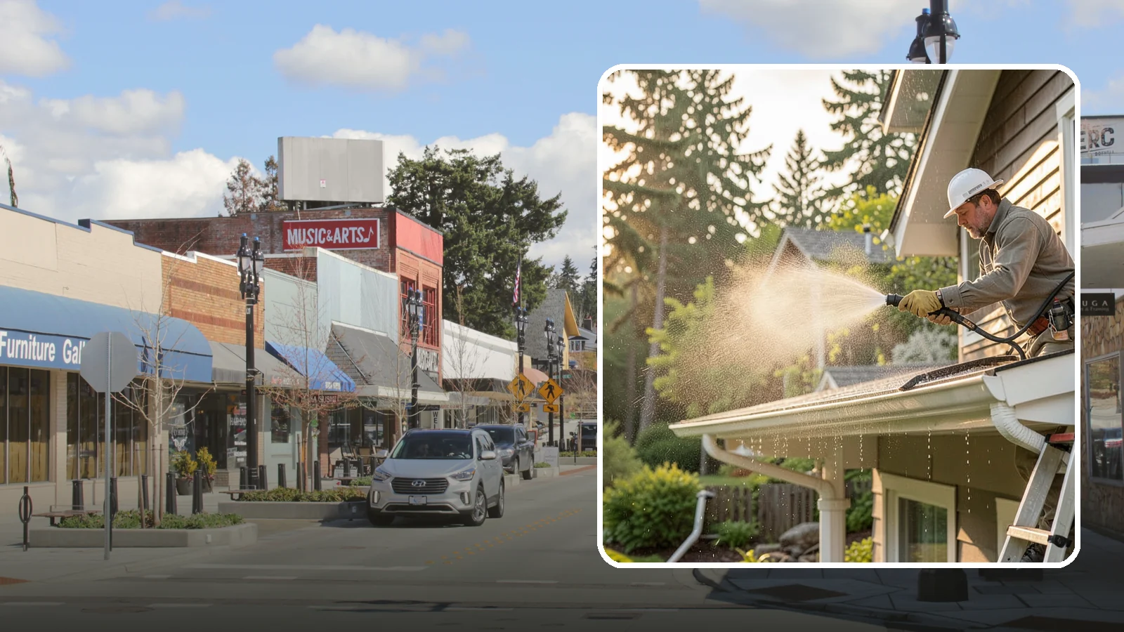 Gutter Streak Removal in Bothell, King County, WA - Removal of the dark tiger stripes that streak down gutter faces from years of Northwest rain runoff.