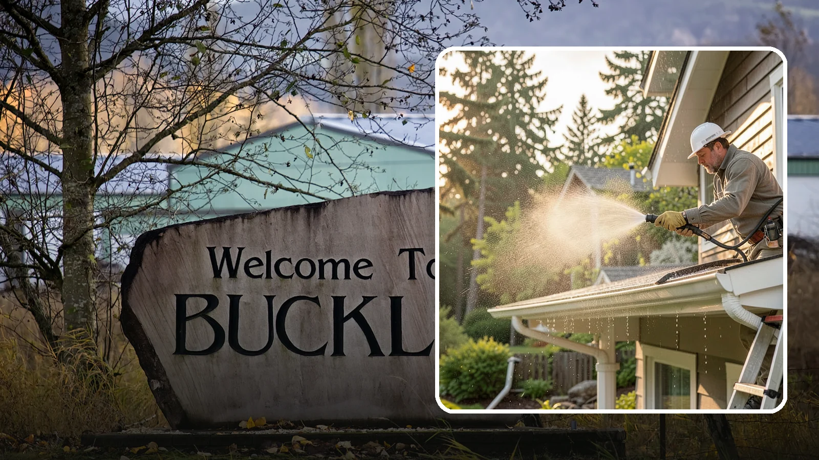 Gutter Streak Removal in Buckley, Pierce County, WA - Removal of the dark tiger stripes that streak down gutter faces from years of Northwest rain runoff.