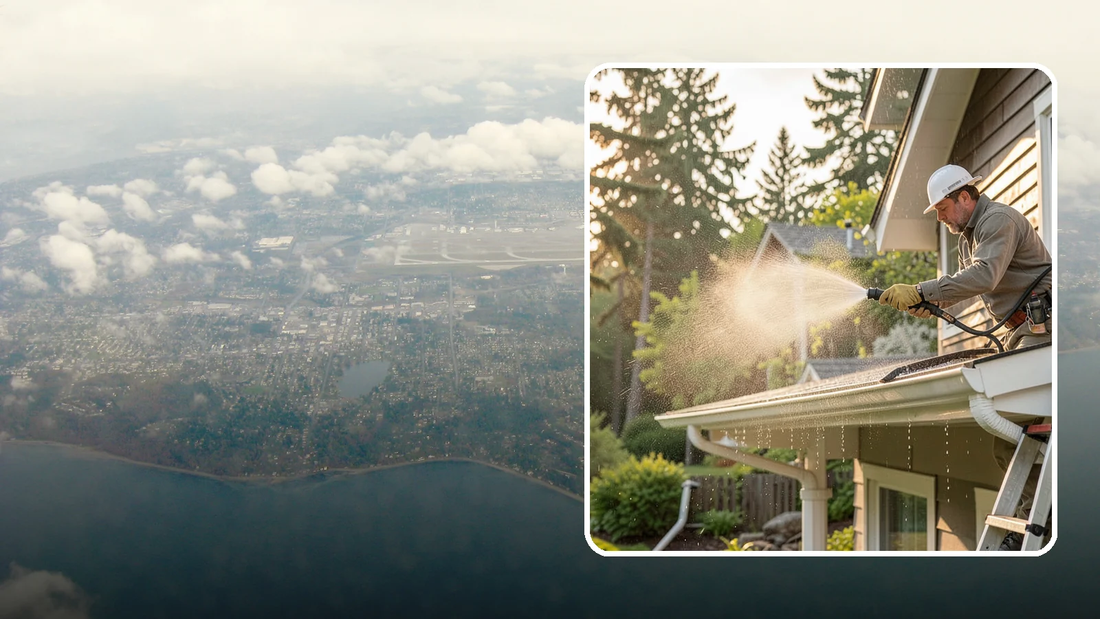 Gutter Streak Removal in Burien, King County, WA - Removal of the dark tiger stripes that streak down gutter faces from years of Northwest rain runoff.