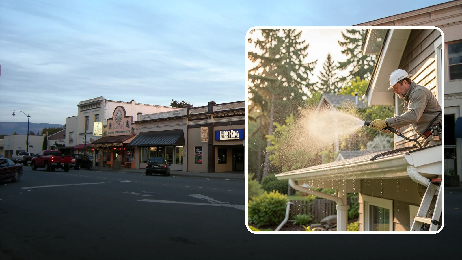 Gutter Streak Removal in Burlington, Skagit County, WA - Removal of the dark tiger stripes that streak down gutter faces from years of Northwest rain runoff.
