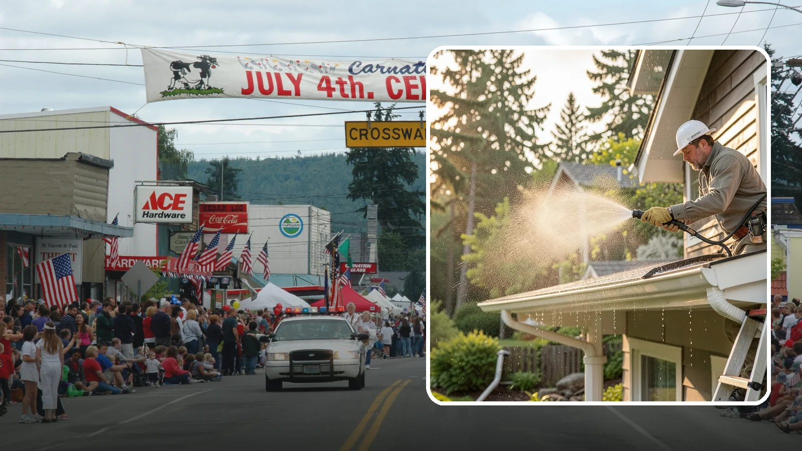 Gutter Streak Removal in Carnation, King County, WA - Removal of the dark tiger stripes that streak down gutter faces from years of Northwest rain runoff.