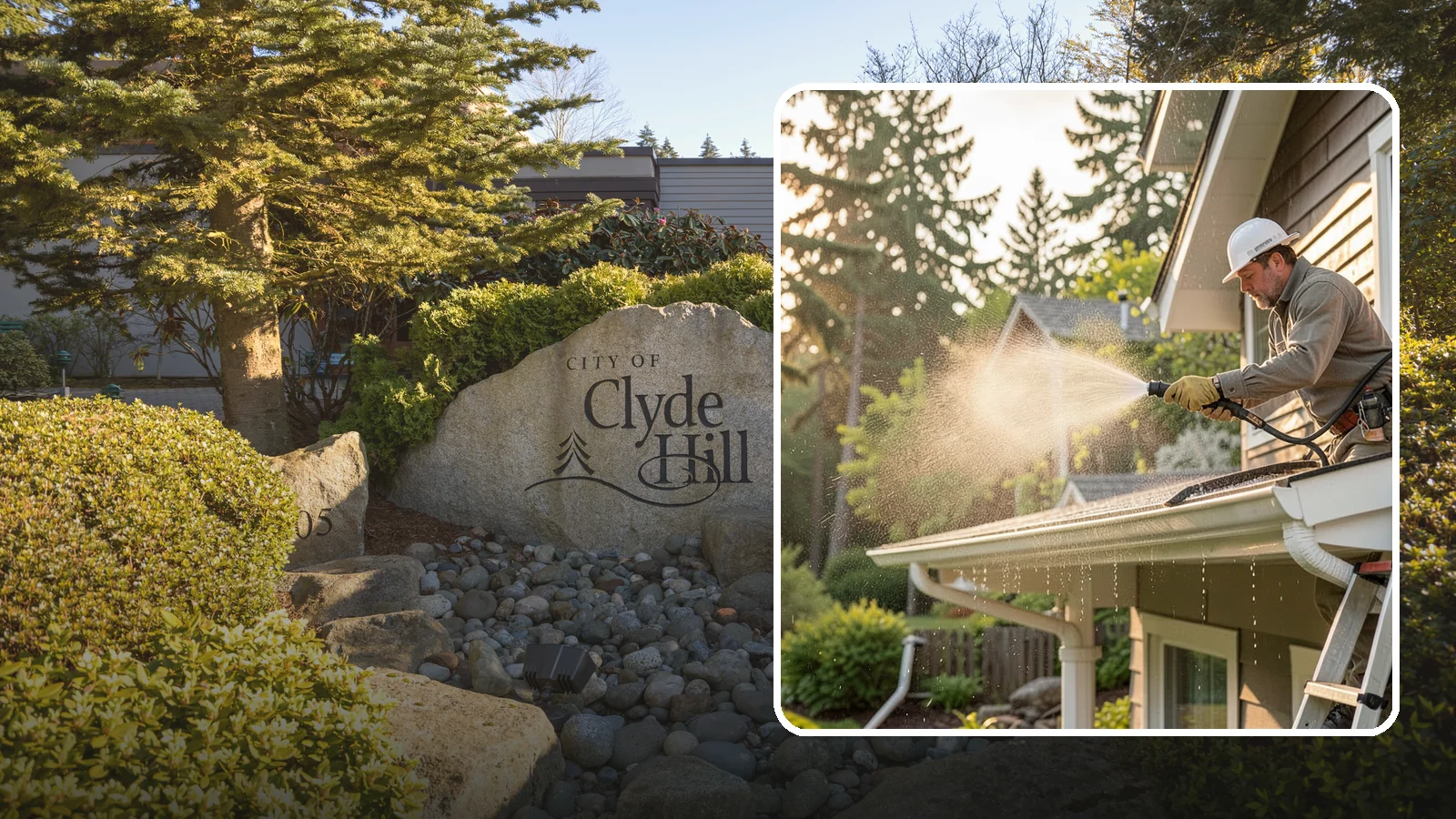 Gutter Streak Removal in Clyde Hill, King County, WA - Removal of the dark tiger stripes that streak down gutter faces from years of Northwest rain runoff.