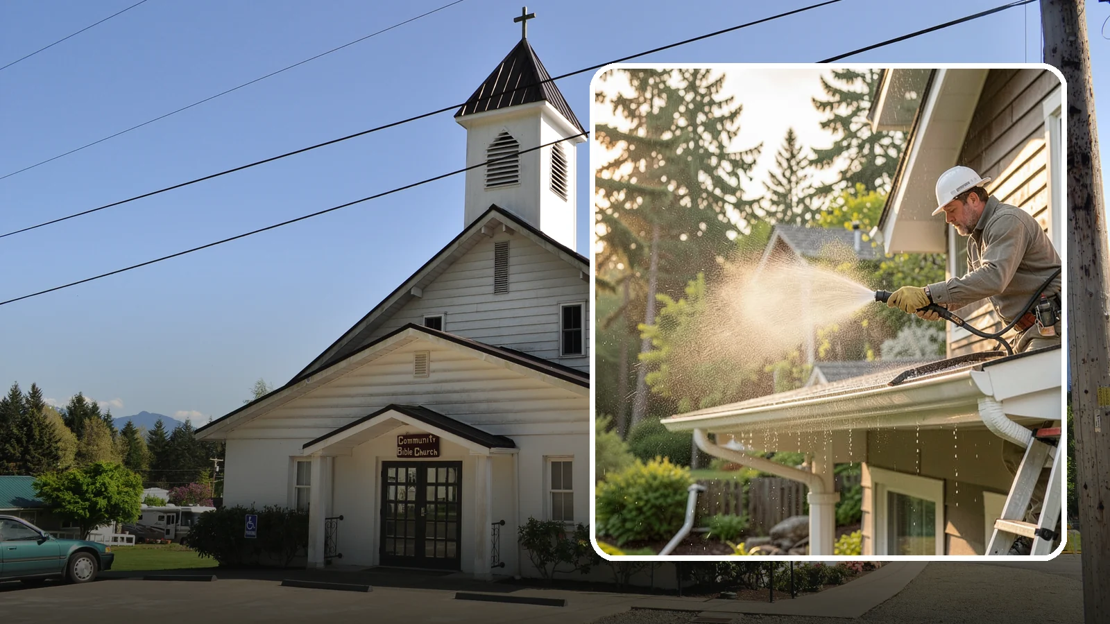 Gutter Streak Removal in Concrete, Skagit County, WA - Removal of the dark tiger stripes that streak down gutter faces from years of Northwest rain runoff.