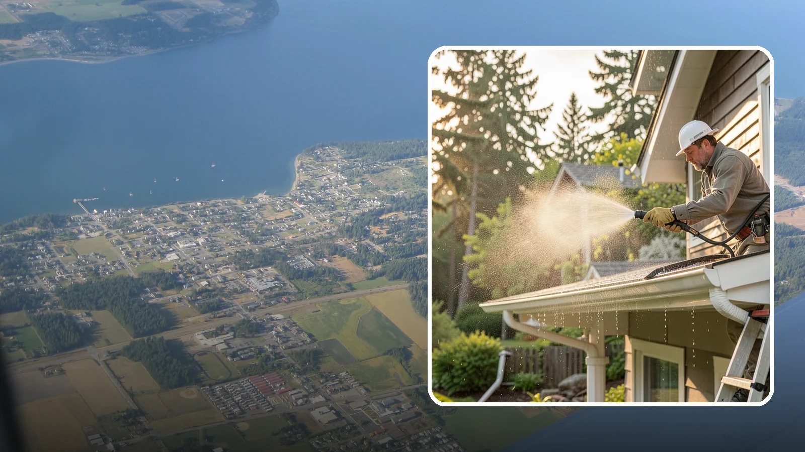 Gutter Streak Removal in Coupeville, Island County, WA - Removal of the dark tiger stripes that streak down gutter faces from years of Northwest rain runoff.