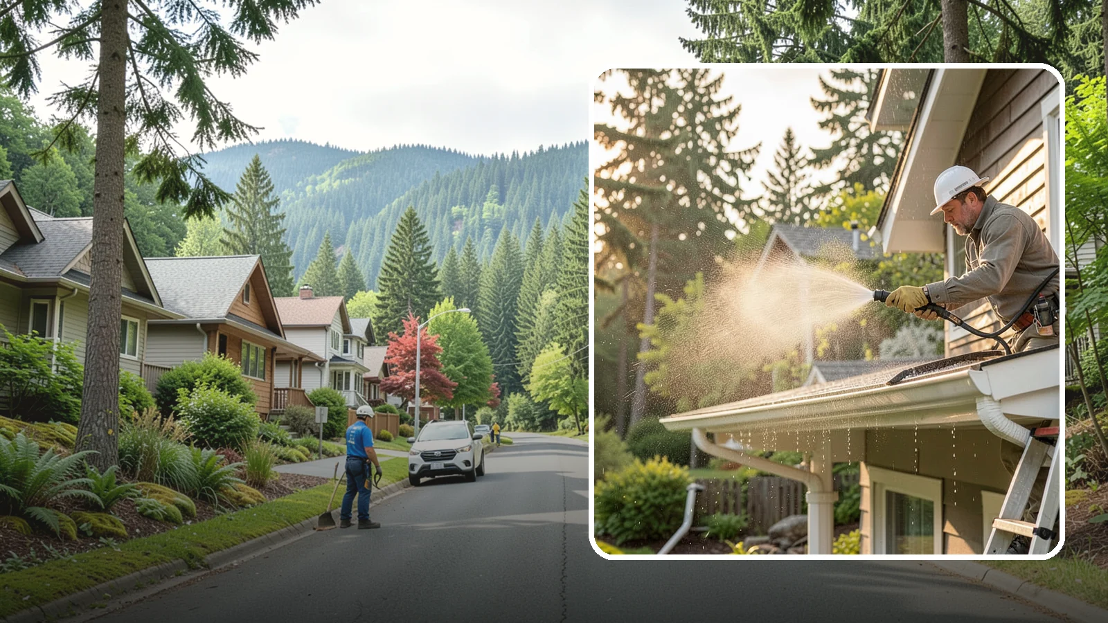 Gutter Streak Removal in Darrington, Snohomish County, WA - Removal of the dark tiger stripes that streak down gutter faces from years of Northwest rain runoff.