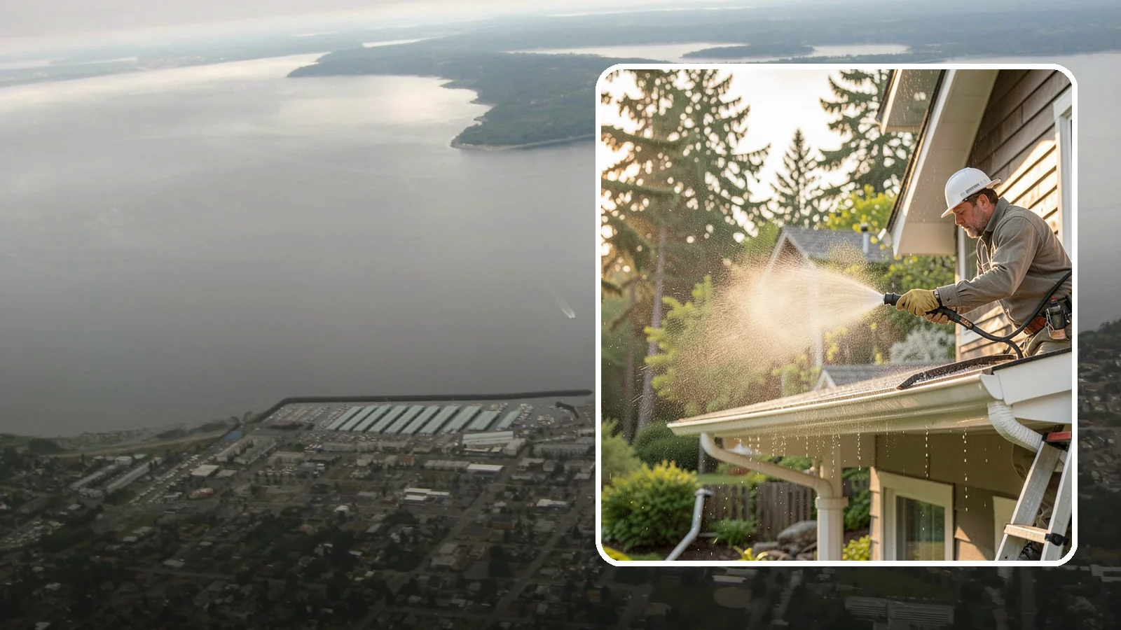 Gutter Streak Removal in Des Moines, King County, WA - Removal of the dark tiger stripes that streak down gutter faces from years of Northwest rain runoff.