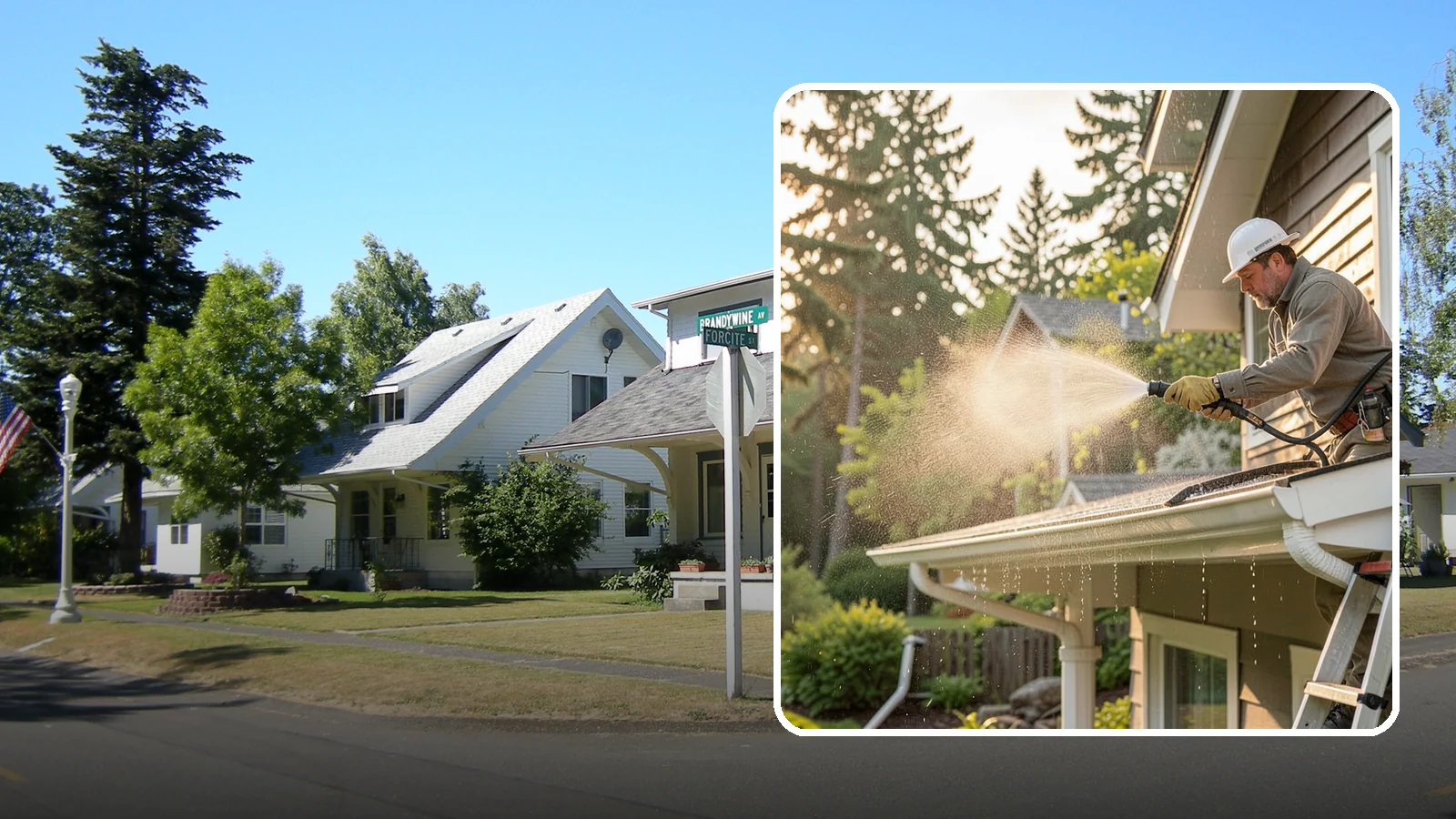 Gutter Streak Removal in DuPont, Pierce County, WA - Removal of the dark tiger stripes that streak down gutter faces from years of Northwest rain runoff.