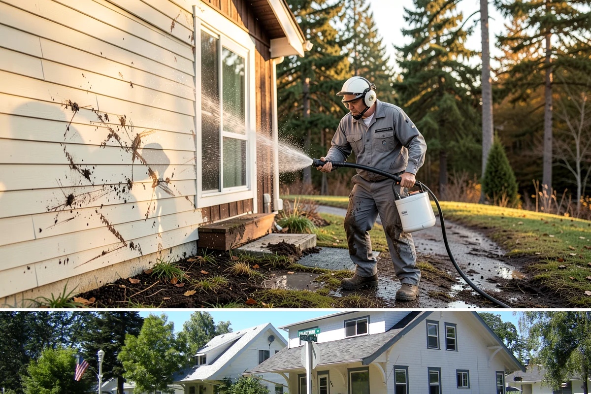 Gutter Streak Removal in DuPont, Pierce County, WA - Tackle tiger stripes in summer when dry weather lets the cleaner dwell and work fully on the stains.