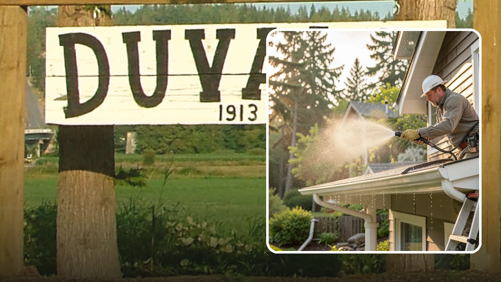 Gutter Streak Removal in Duvall, King County, WA - Removal of the dark tiger stripes that streak down gutter faces from years of Northwest rain runoff.