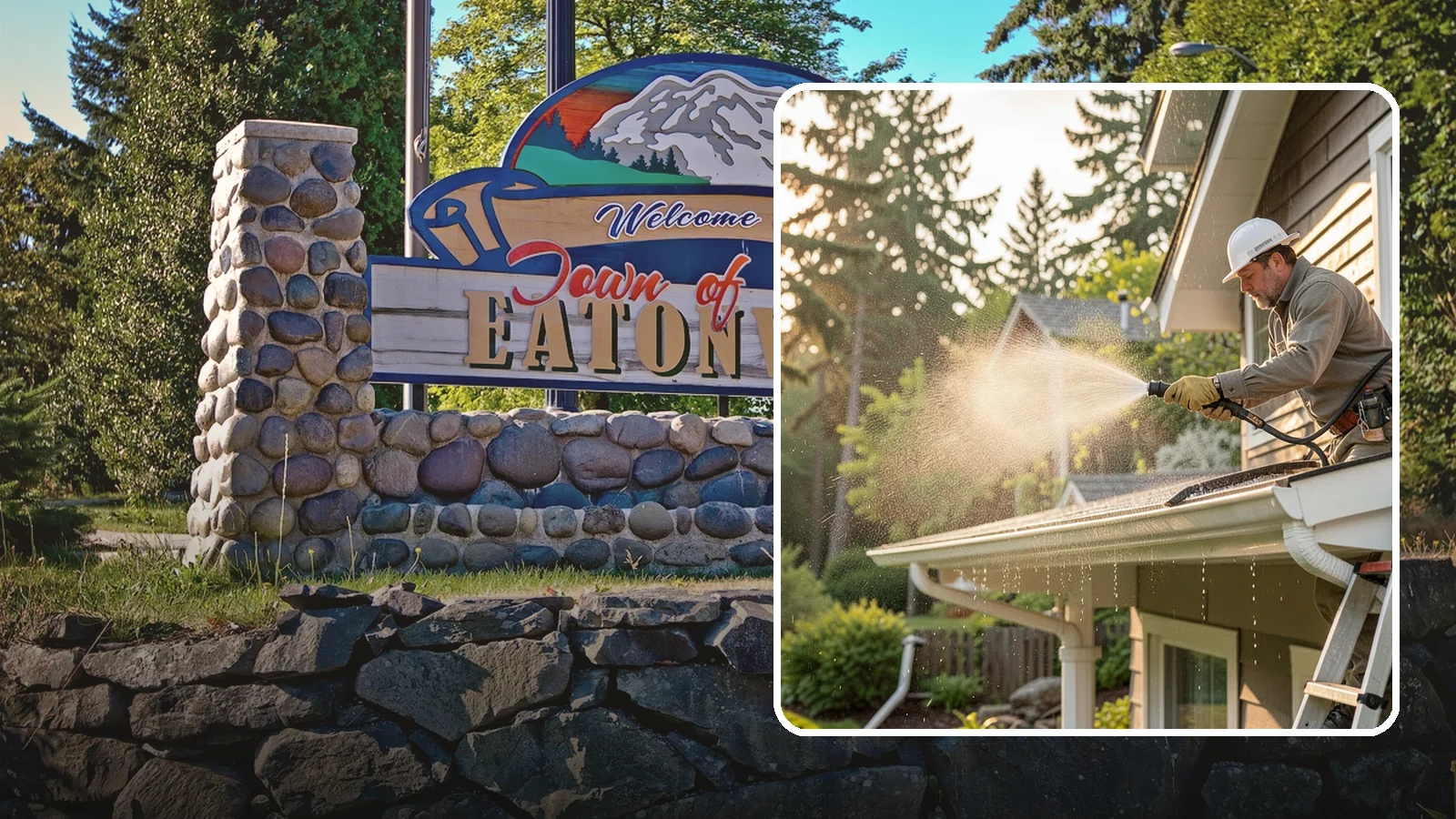 Gutter Streak Removal in Eatonville, Pierce County, WA - Removal of the dark tiger stripes that streak down gutter faces from years of Northwest rain runoff.