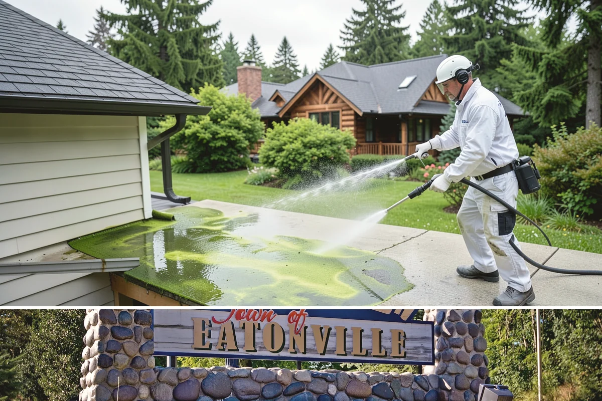 Gutter Streak Removal in Eatonville, Pierce County, WA - Tackle tiger stripes in summer when dry weather lets the cleaner dwell and work fully on the stains.