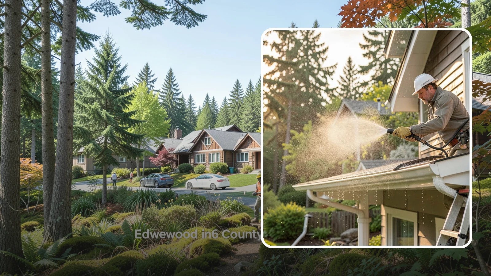 Gutter Streak Removal in Edgewood, Pierce County, WA - Removal of the dark tiger stripes that streak down gutter faces from years of Northwest rain runoff.