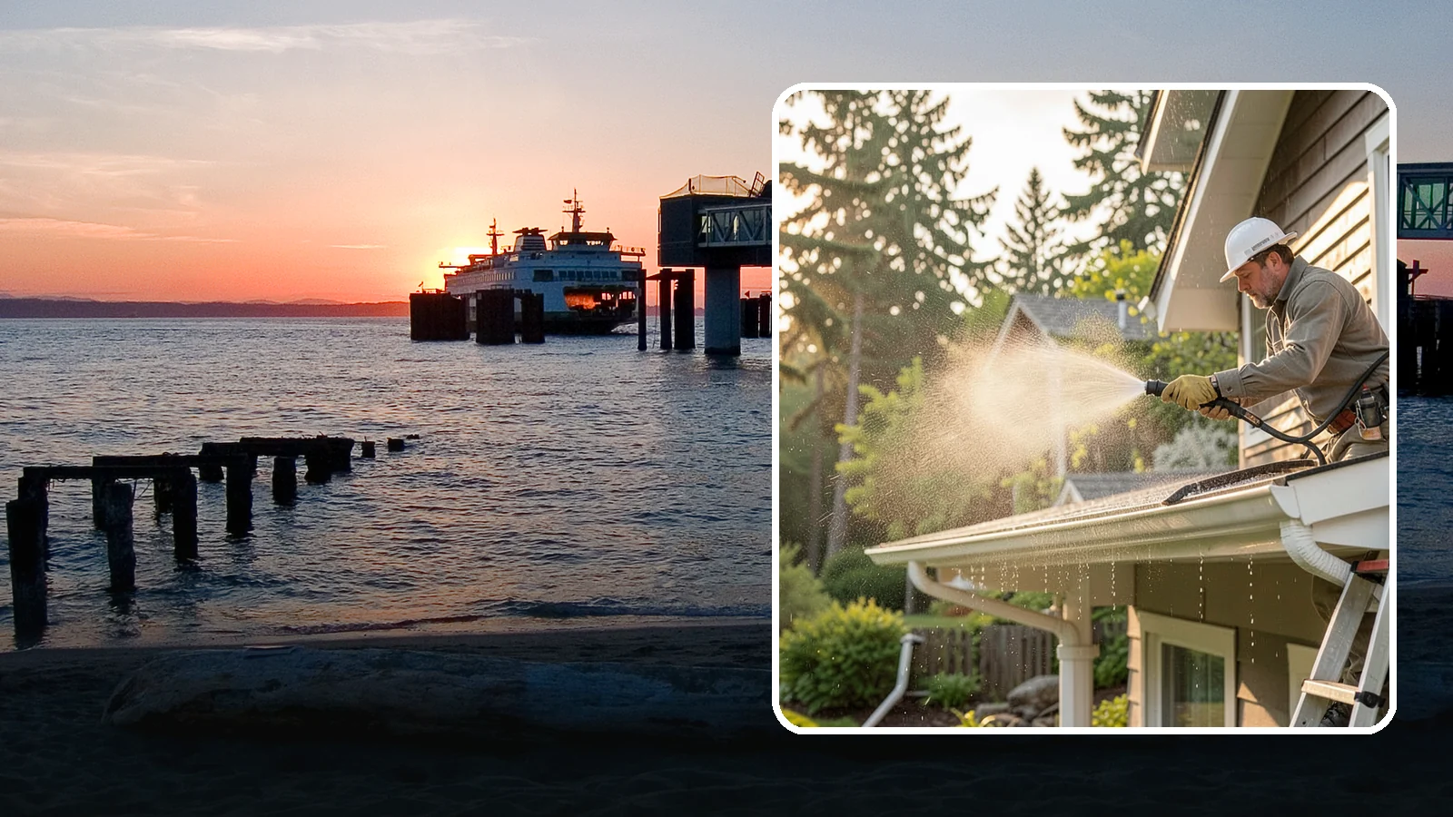 Gutter Streak Removal in Edmonds, Snohomish County, WA - Removal of the dark tiger stripes that streak down gutter faces from years of Northwest rain runoff.