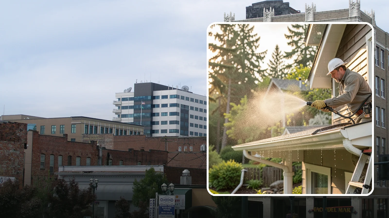 Gutter Streak Removal in Everett, Snohomish County, WA - Removal of the dark tiger stripes that streak down gutter faces from years of Northwest rain runoff.