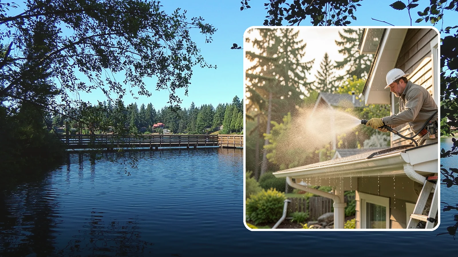 Gutter Streak Removal in Federal Way, King County, WA - Removal of the dark tiger stripes that streak down gutter faces from years of Northwest rain runoff.