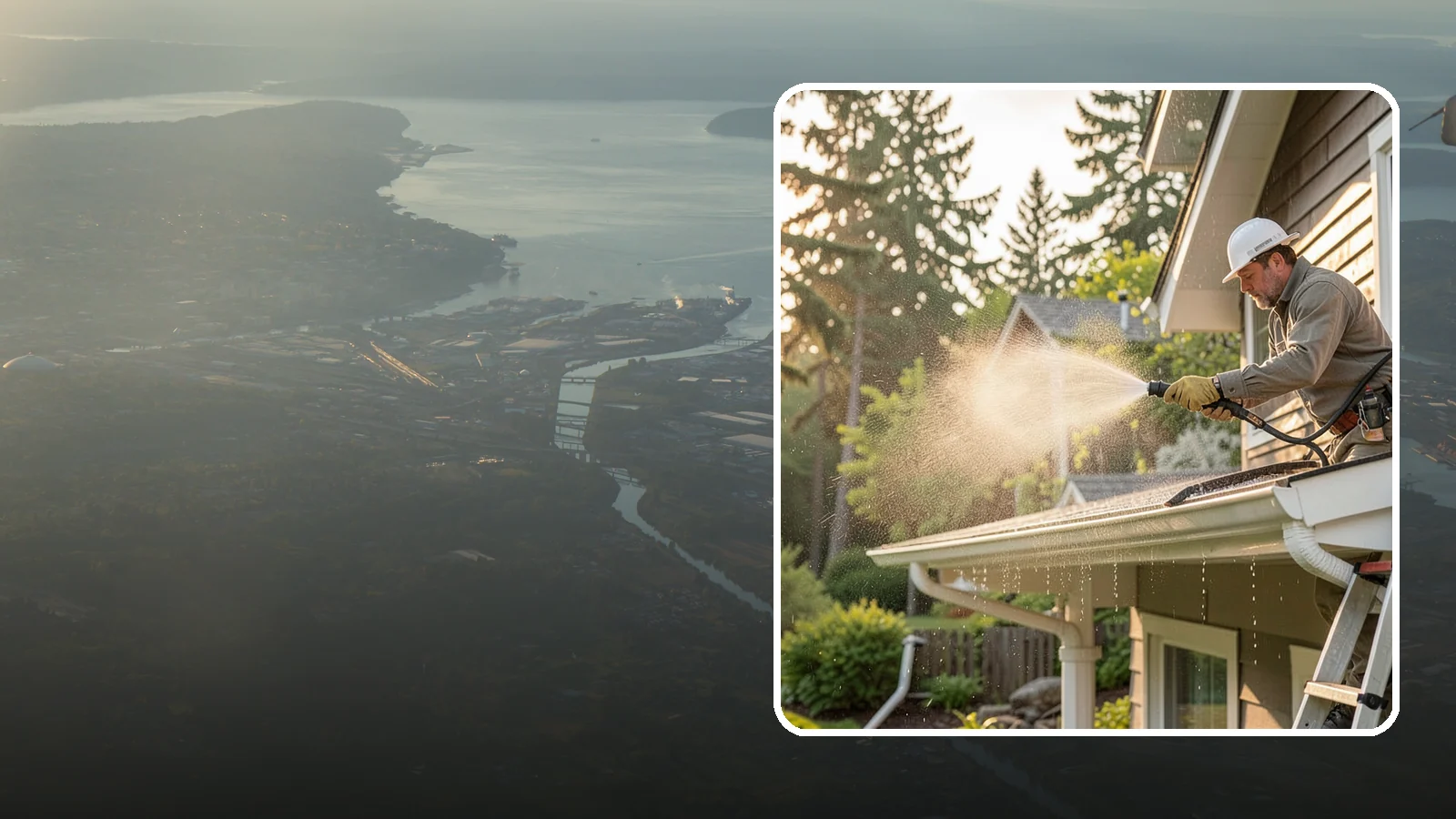 Gutter Streak Removal in Fife, Pierce County, WA - Removal of the dark tiger stripes that streak down gutter faces from years of Northwest rain runoff.