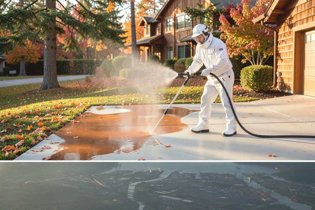 Gutter Streak Removal in Fife, Pierce County, WA - Tackle tiger stripes in summer when dry weather lets the cleaner dwell and work fully on the stains.