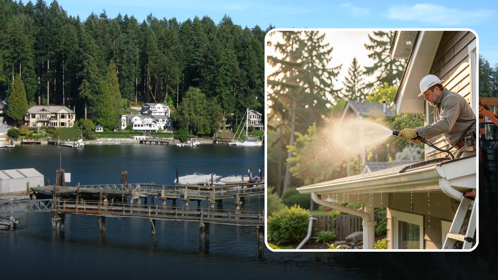 Gutter Streak Removal in Gig Harbor, Pierce County, WA - Removal of the dark tiger stripes that streak down gutter faces from years of Northwest rain runoff.