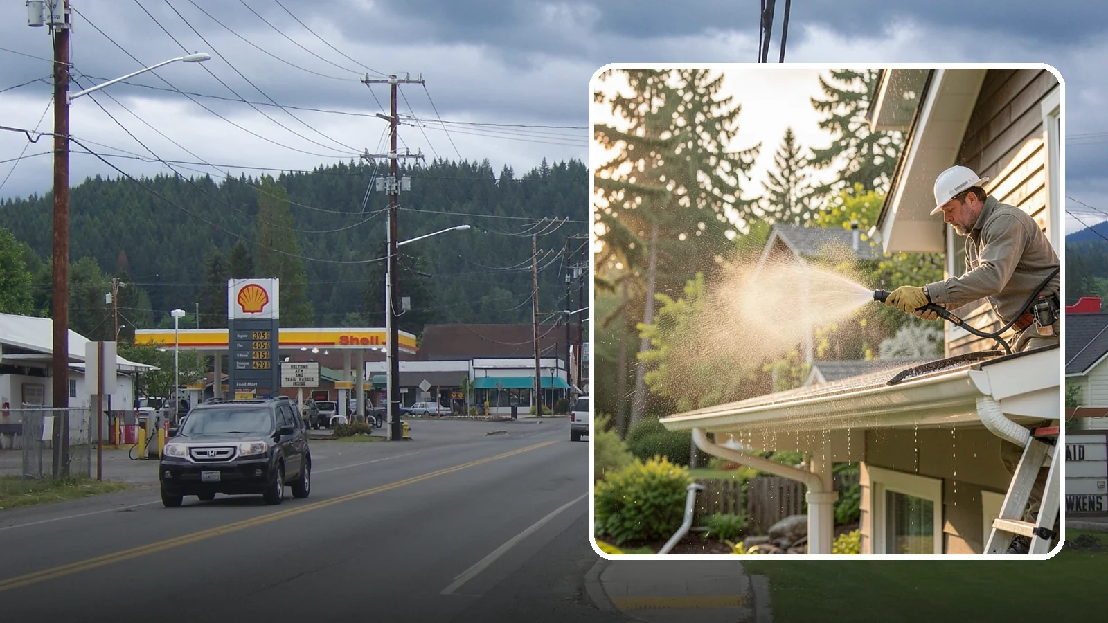 Gutter Streak Removal in Granite Falls, Snohomish County, WA - Removal of the dark tiger stripes that streak down gutter faces from years of Northwest rain runoff.