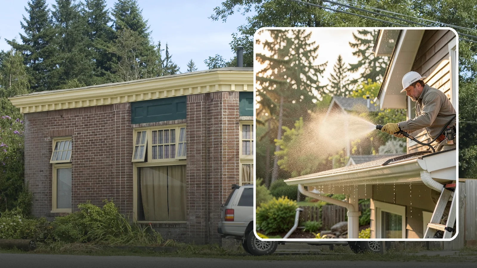 Gutter Streak Removal in Hamilton, Skagit County, WA - Removal of the dark tiger stripes that streak down gutter faces from years of Northwest rain runoff.