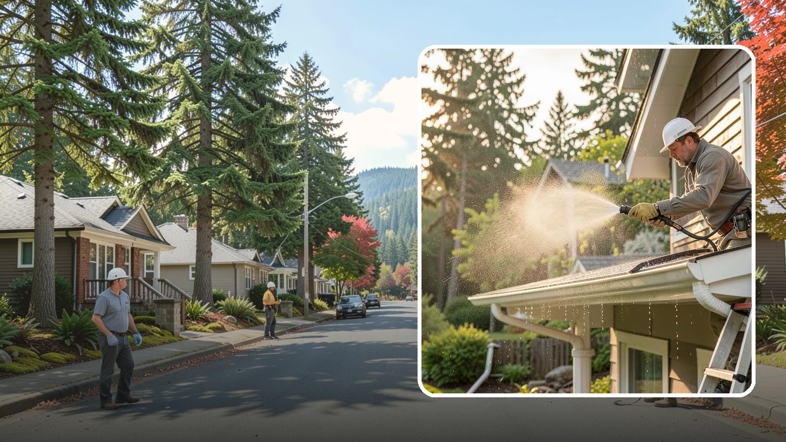 Gutter Streak Removal in Hunts Point, King County, WA - Removal of the dark tiger stripes that streak down gutter faces from years of Northwest rain runoff.