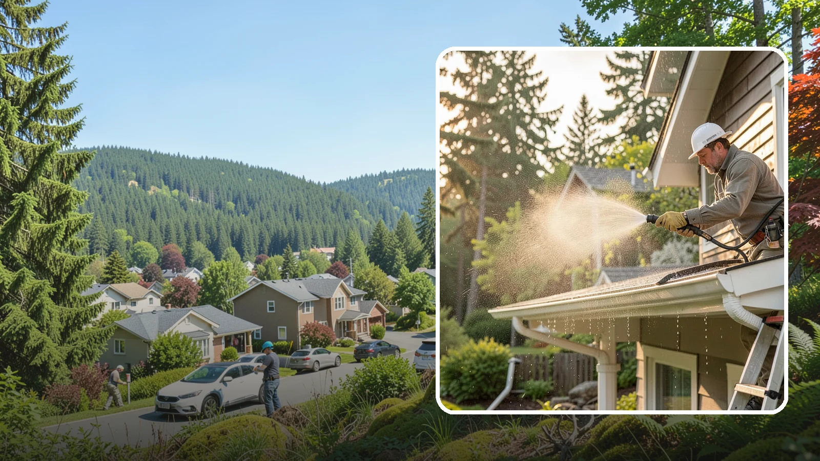 Gutter Streak Removal in Index, Snohomish County, WA - Removal of the dark tiger stripes that streak down gutter faces from years of Northwest rain runoff.