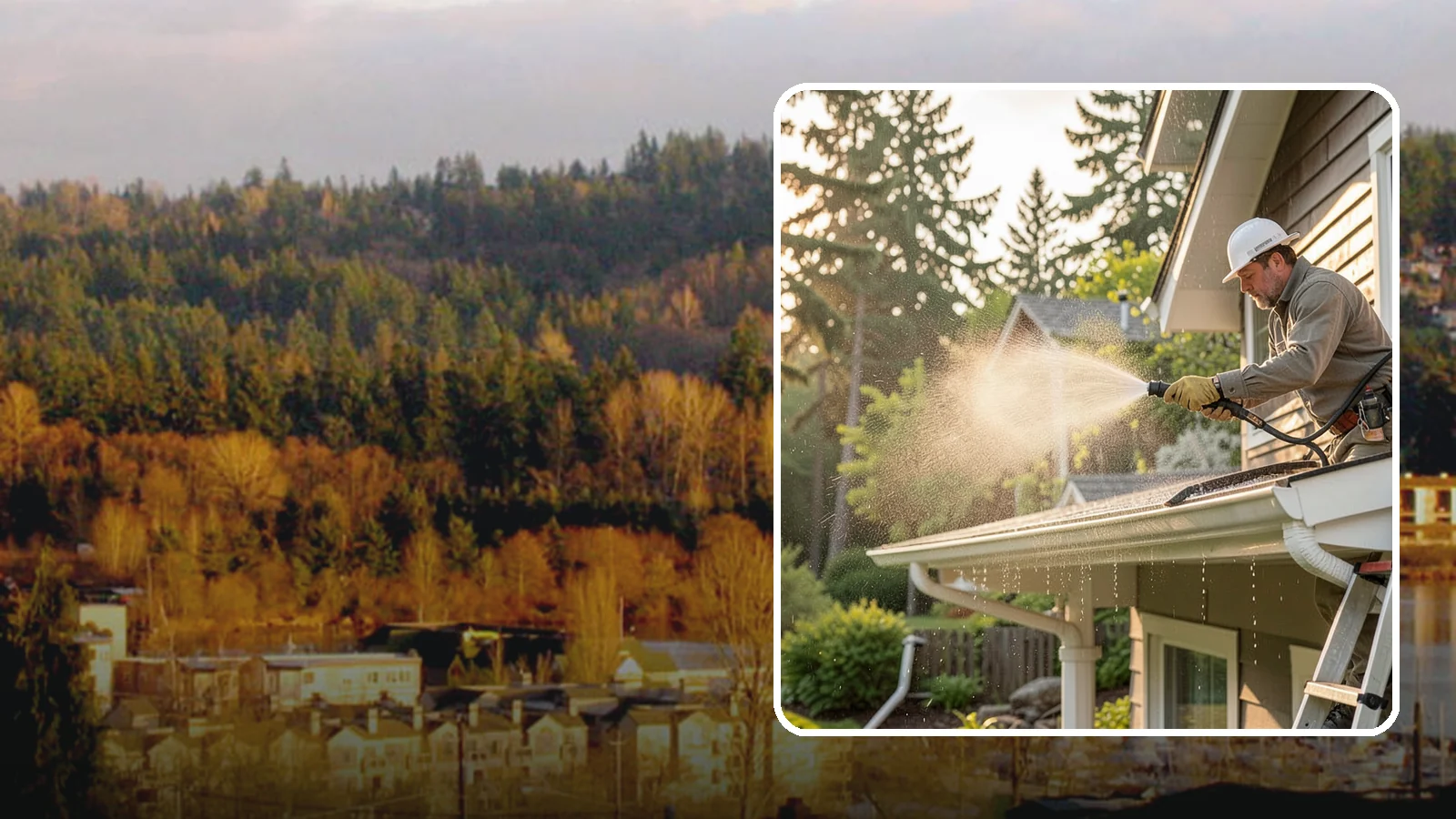 Gutter Streak Removal in Kenmore, King County, WA - Removal of the dark tiger stripes that streak down gutter faces from years of Northwest rain runoff.