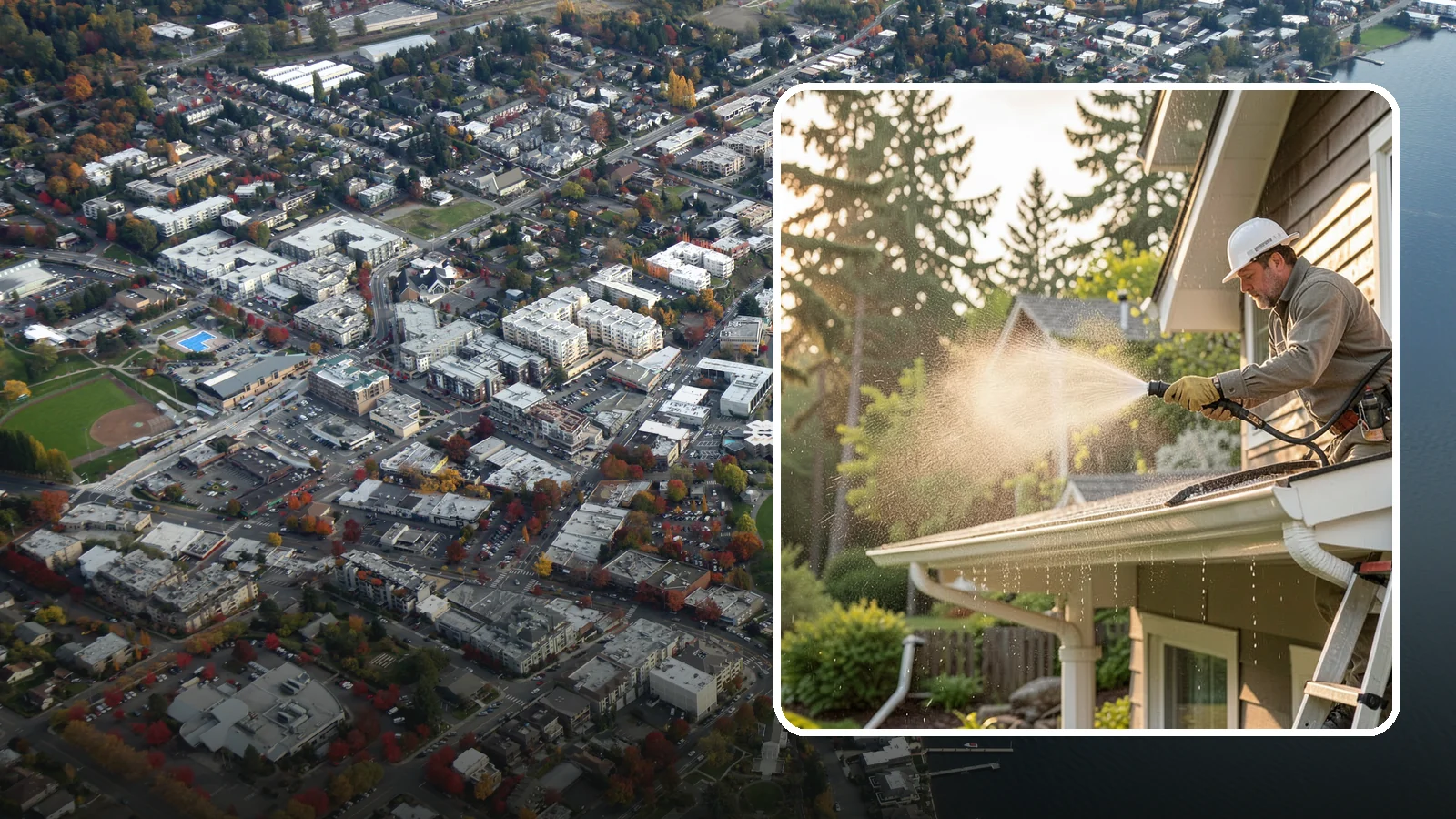 Gutter Streak Removal in Kirkland, King County, WA - Removal of the dark tiger stripes that streak down gutter faces from years of Northwest rain runoff.