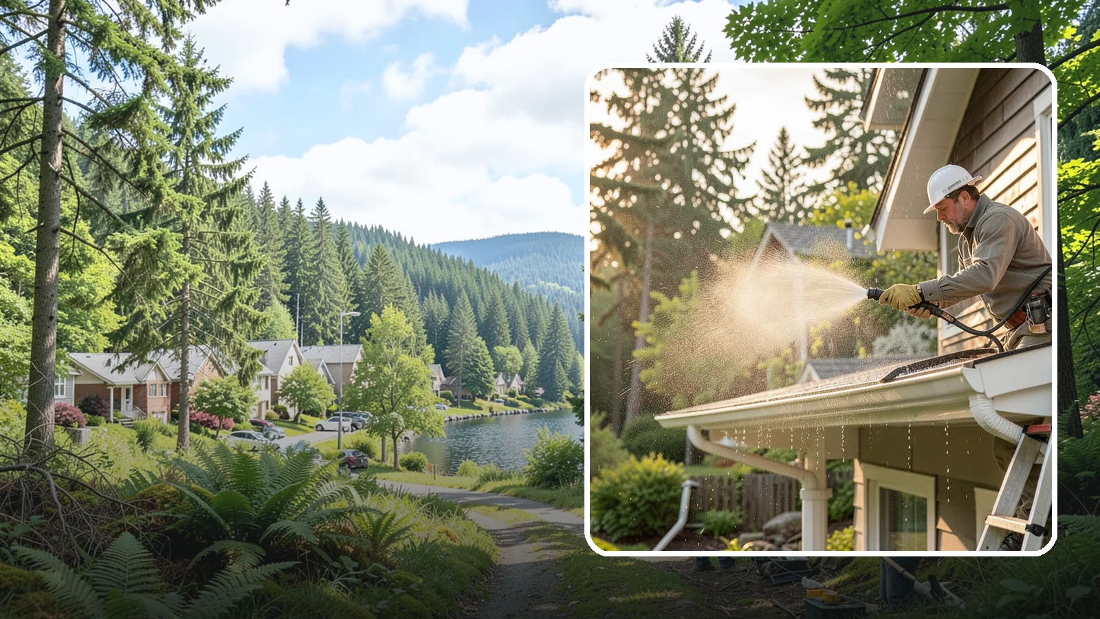 Gutter Streak Removal in Lake Forest Park, King County, WA - Removal of the dark tiger stripes that streak down gutter faces from years of Northwest rain runoff.