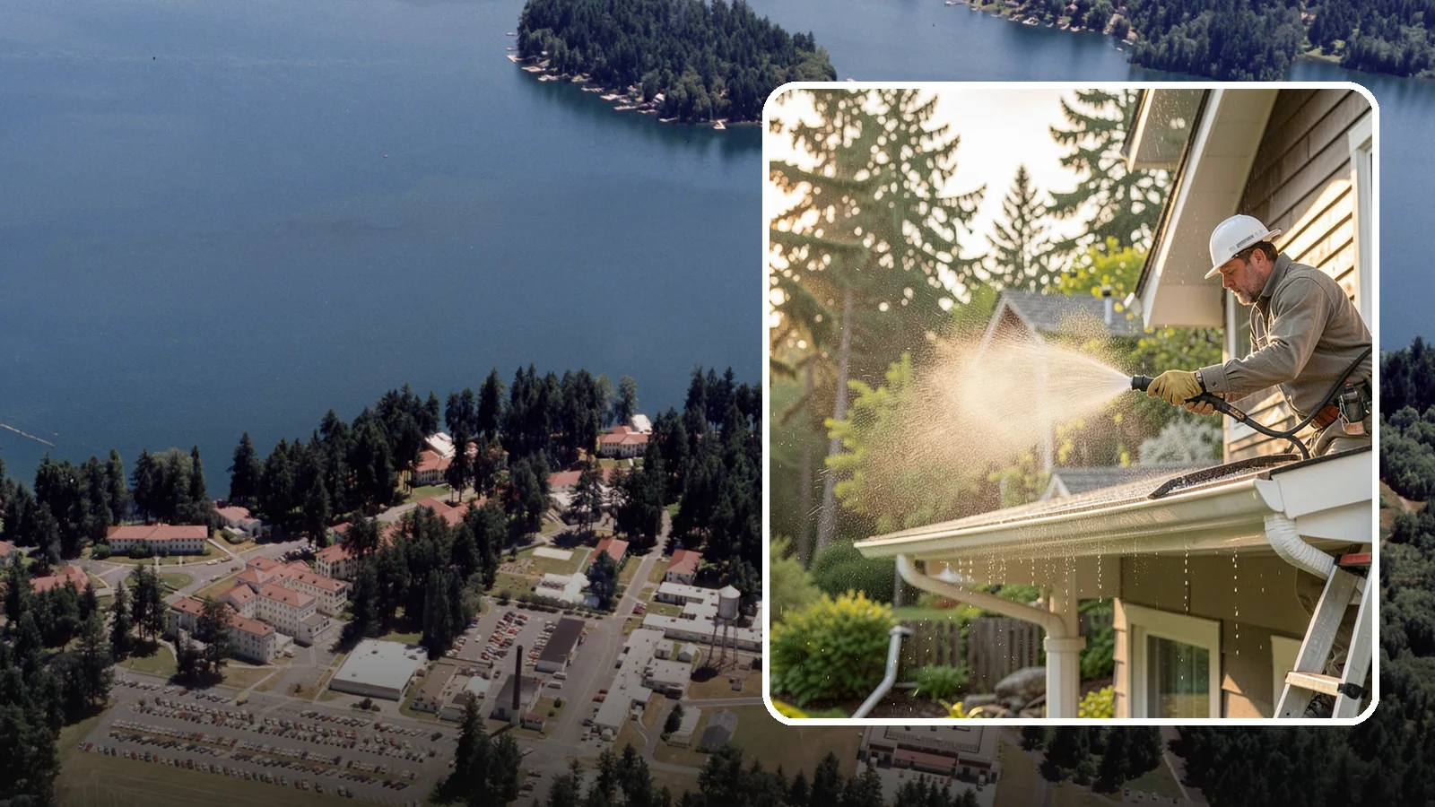 Gutter Streak Removal in Lakewood, Pierce County, WA - Removal of the dark tiger stripes that streak down gutter faces from years of Northwest rain runoff.