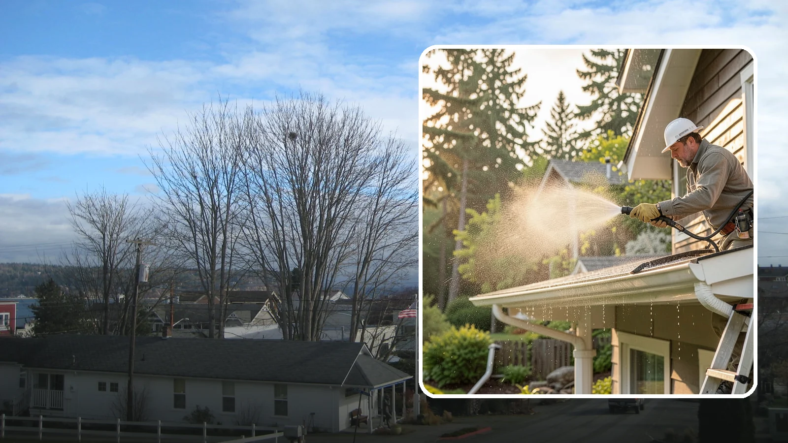 Gutter Streak Removal in Langley, Island County, WA - Removal of the dark tiger stripes that streak down gutter faces from years of Northwest rain runoff.