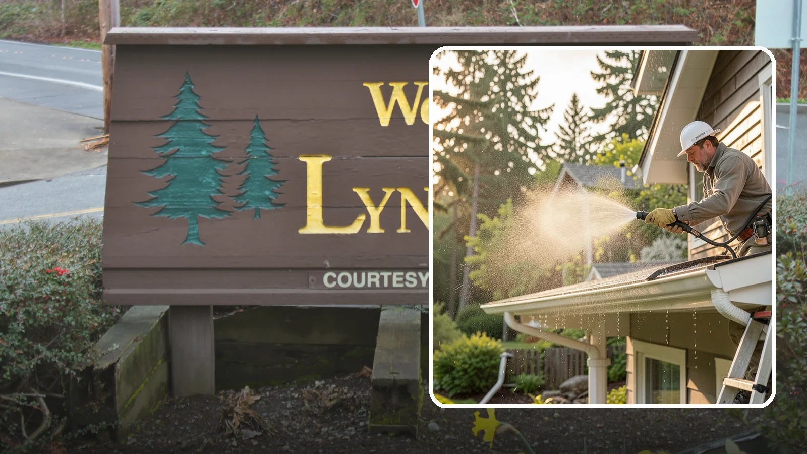 Gutter Streak Removal in Lynnwood, Snohomish County, WA - Removal of the dark tiger stripes that streak down gutter faces from years of Northwest rain runoff.