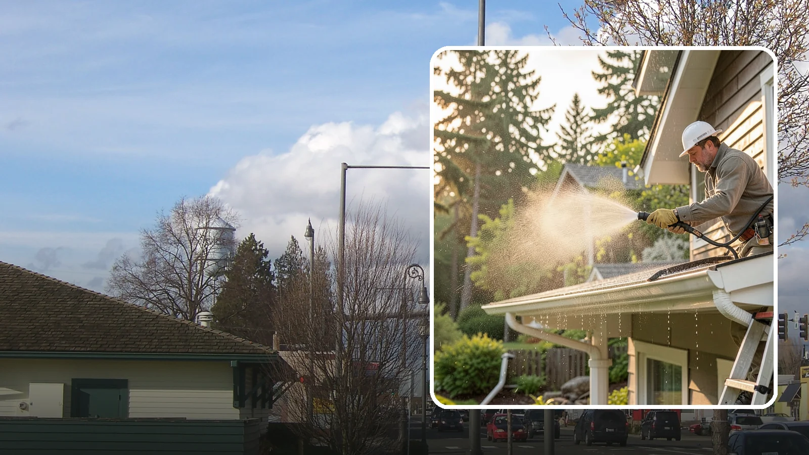 Gutter Streak Removal in Marysville, Snohomish County, WA - Removal of the dark tiger stripes that streak down gutter faces from years of Northwest rain runoff.