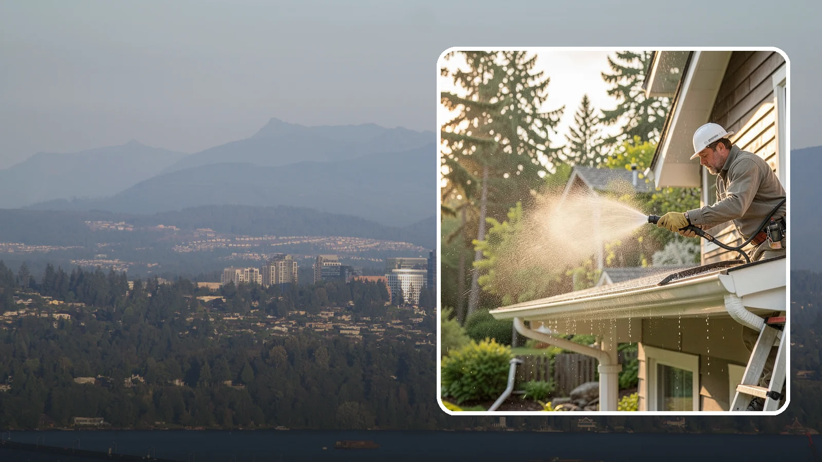 Gutter Streak Removal in Medina, King County, WA - Removal of the dark tiger stripes that streak down gutter faces from years of Northwest rain runoff.