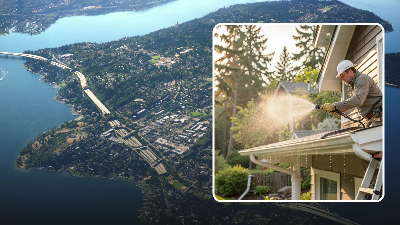 Gutter Streak Removal in Mercer Island, King County, WA - Removal of the dark tiger stripes that streak down gutter faces from years of Northwest rain runoff.