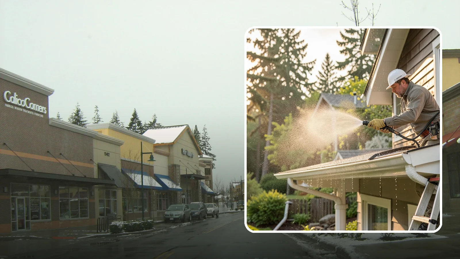 Gutter Streak Removal in Mill Creek, Snohomish County, WA - Removal of the dark tiger stripes that streak down gutter faces from years of Northwest rain runoff.