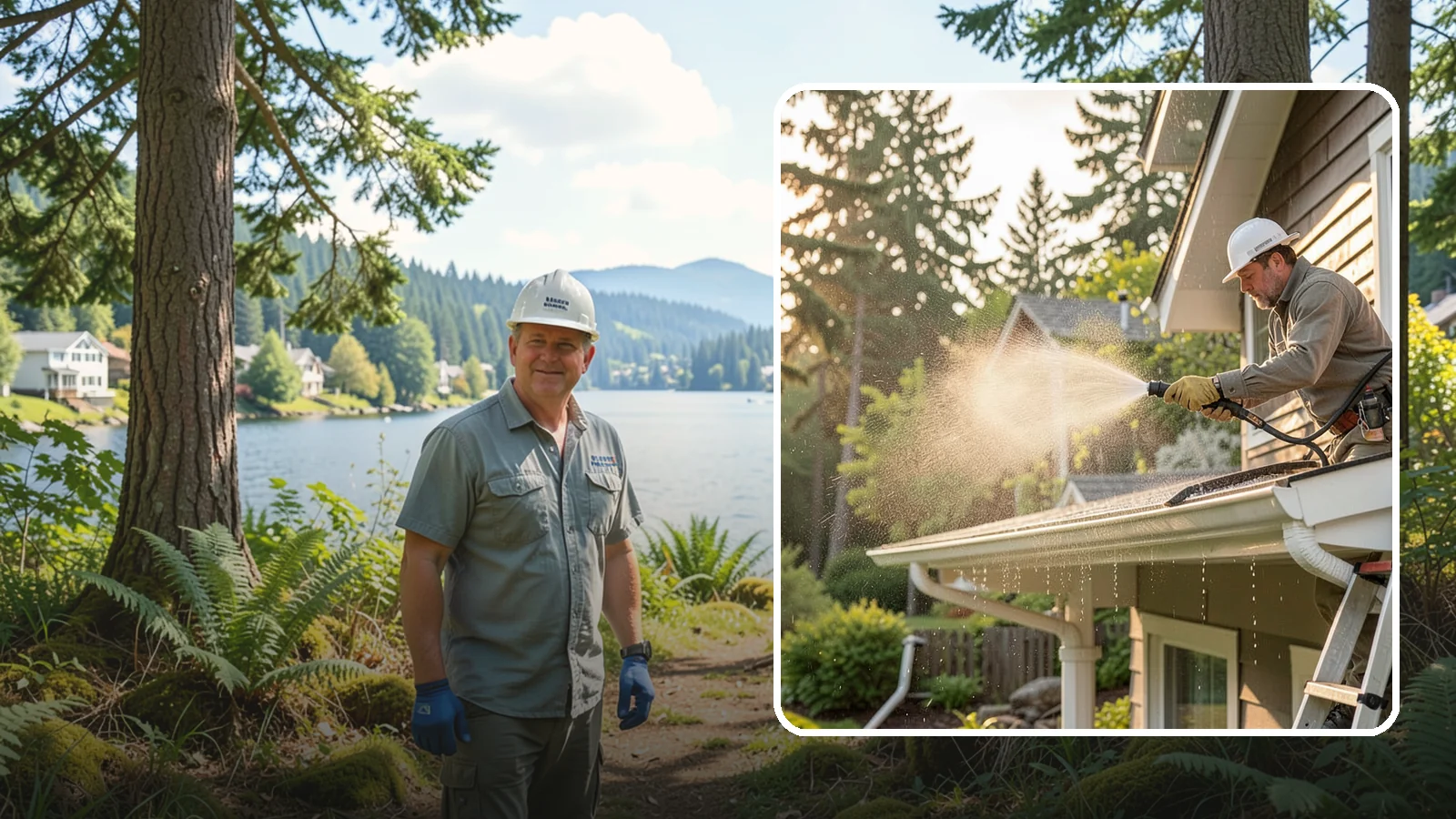 Gutter Streak Removal in Milton, King County, WA - Removal of the dark tiger stripes that streak down gutter faces from years of Northwest rain runoff.