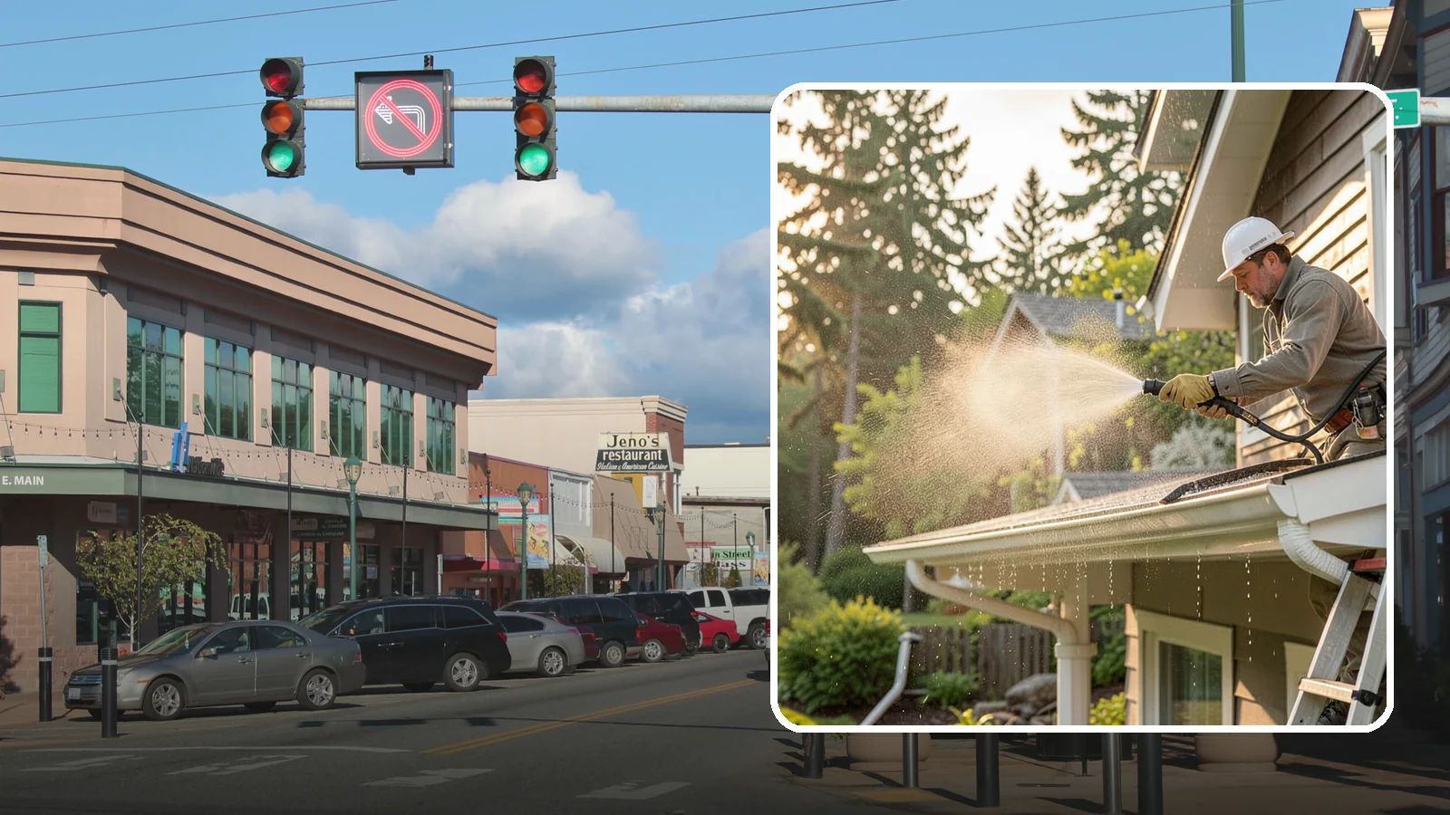Gutter Streak Removal in Monroe, Snohomish County, WA - Removal of the dark tiger stripes that streak down gutter faces from years of Northwest rain runoff.