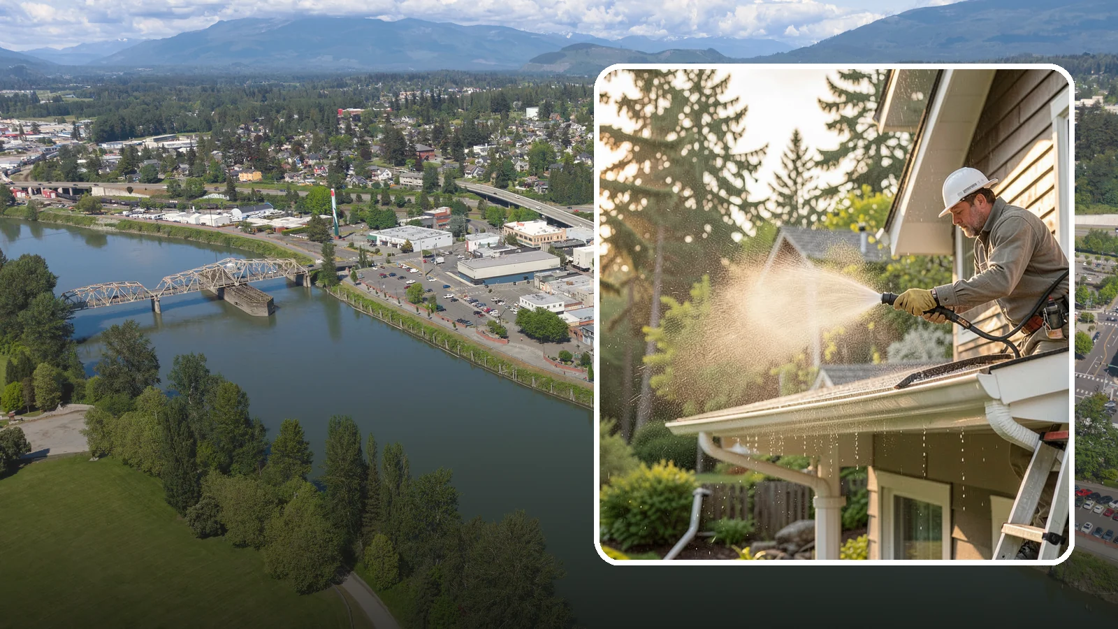 Gutter Streak Removal in Mount Vernon, Skagit County, WA - Removal of the dark tiger stripes that streak down gutter faces from years of Northwest rain runoff.