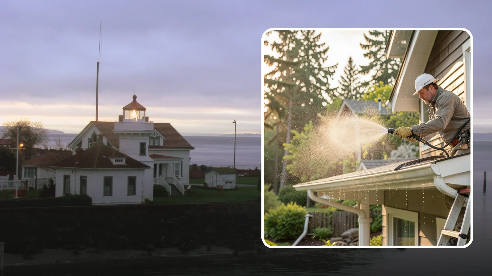 Gutter Streak Removal in Mukilteo, Snohomish County, WA - Removal of the dark tiger stripes that streak down gutter faces from years of Northwest rain runoff.