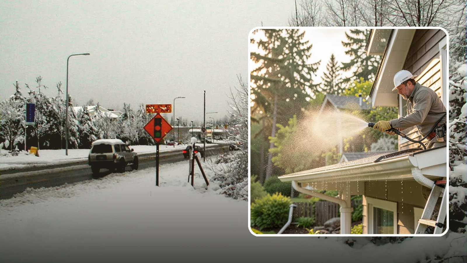 Gutter Streak Removal in Newcastle, King County, WA - Removal of the dark tiger stripes that streak down gutter faces from years of Northwest rain runoff.