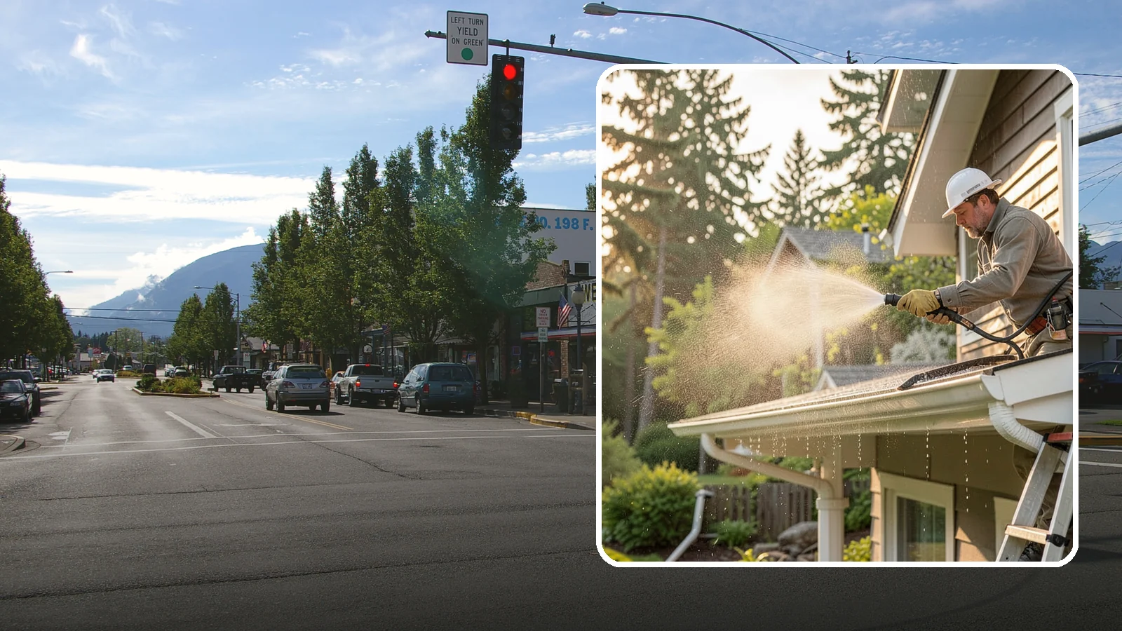 Gutter Streak Removal in North Bend, King County, WA - Removal of the dark tiger stripes that streak down gutter faces from years of Northwest rain runoff.
