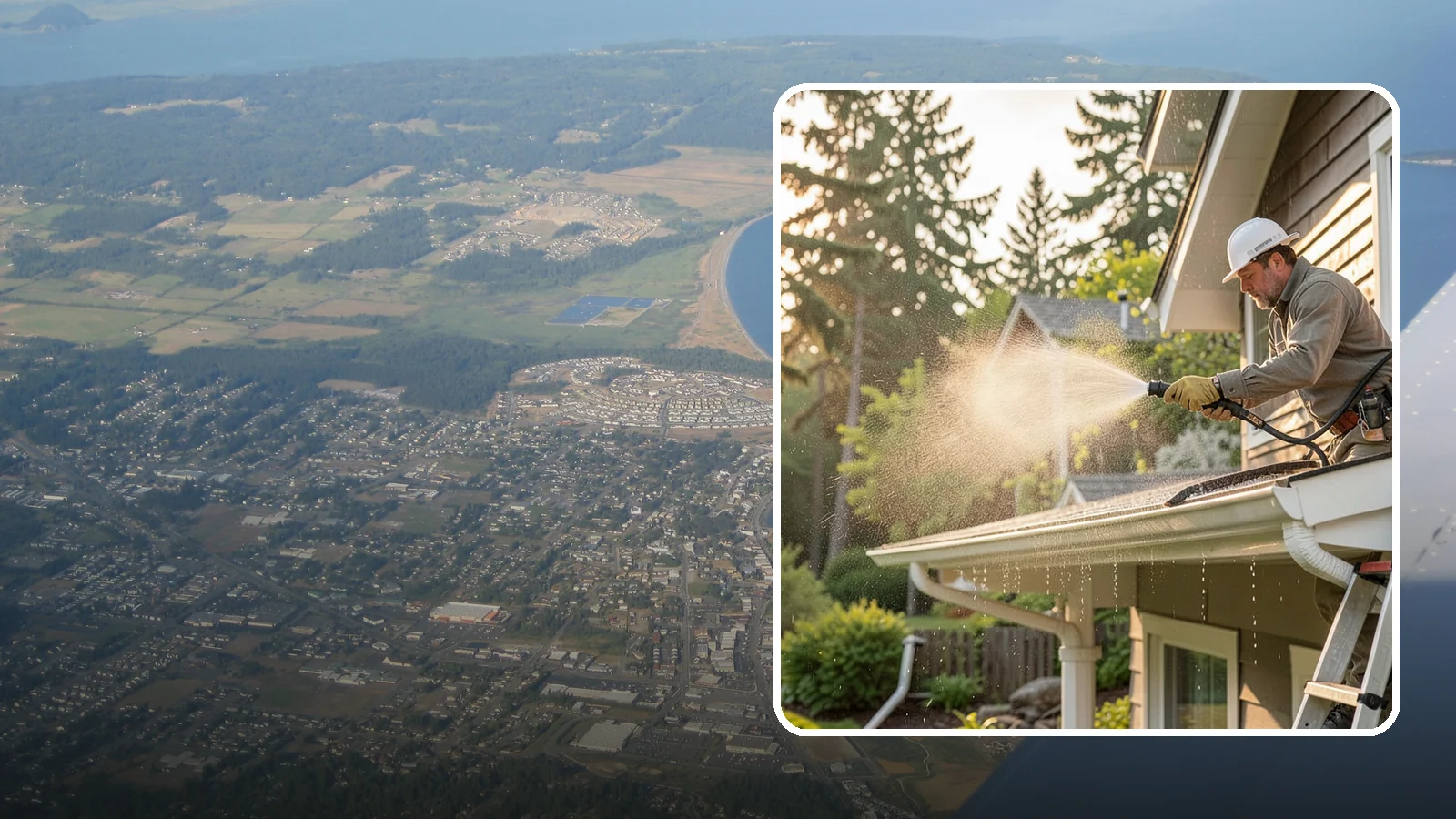 Gutter Streak Removal in Oak Harbor, Island County, WA - Removal of the dark tiger stripes that streak down gutter faces from years of Northwest rain runoff.